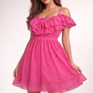 Bright Pink Ruffle Midi Dress – Flutter Sleeve & Scoop Neck Small